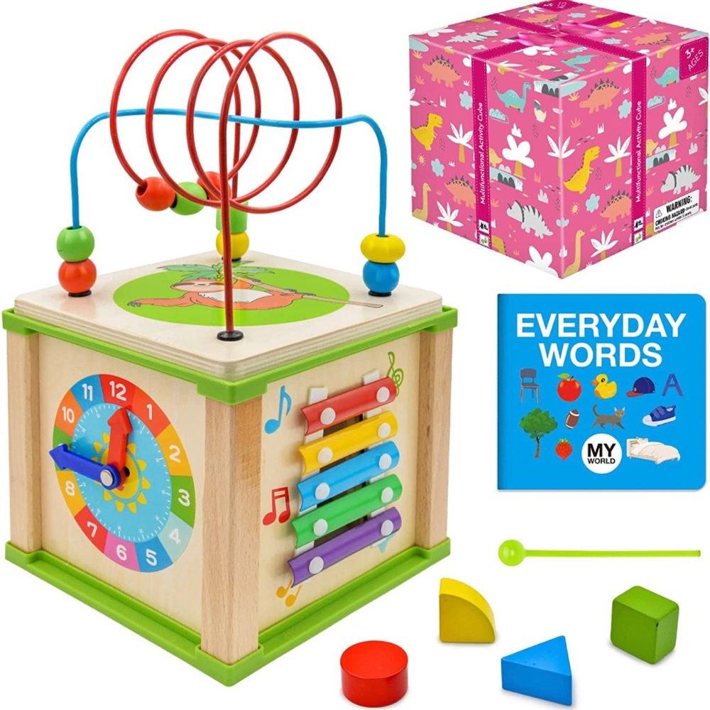 Amagoing Baby Activity Cube, 5 in 1 Wooden Educational Learning